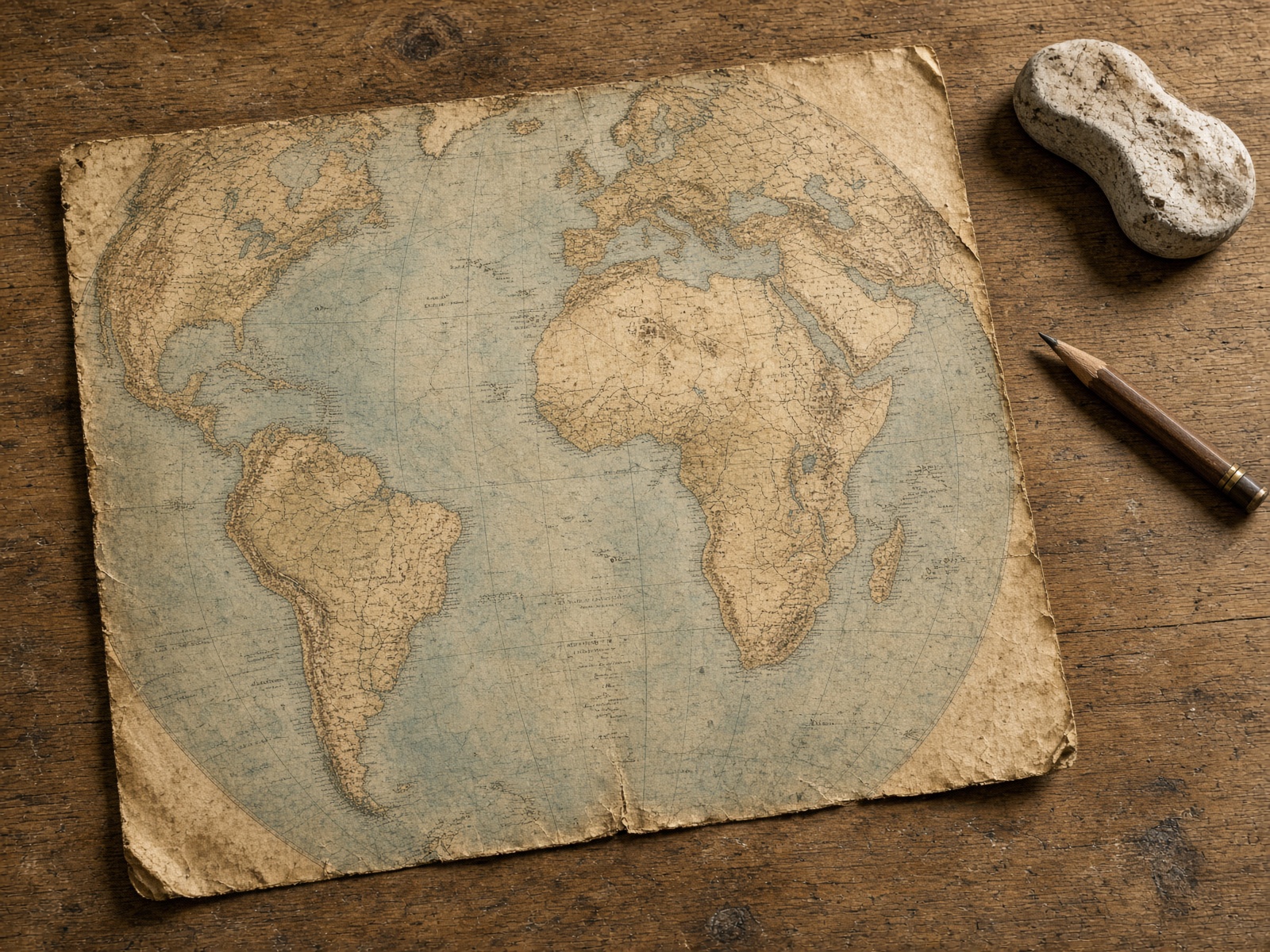 An old paper map on a wooden table, with Africa and South America placed as if their coasts might fit.