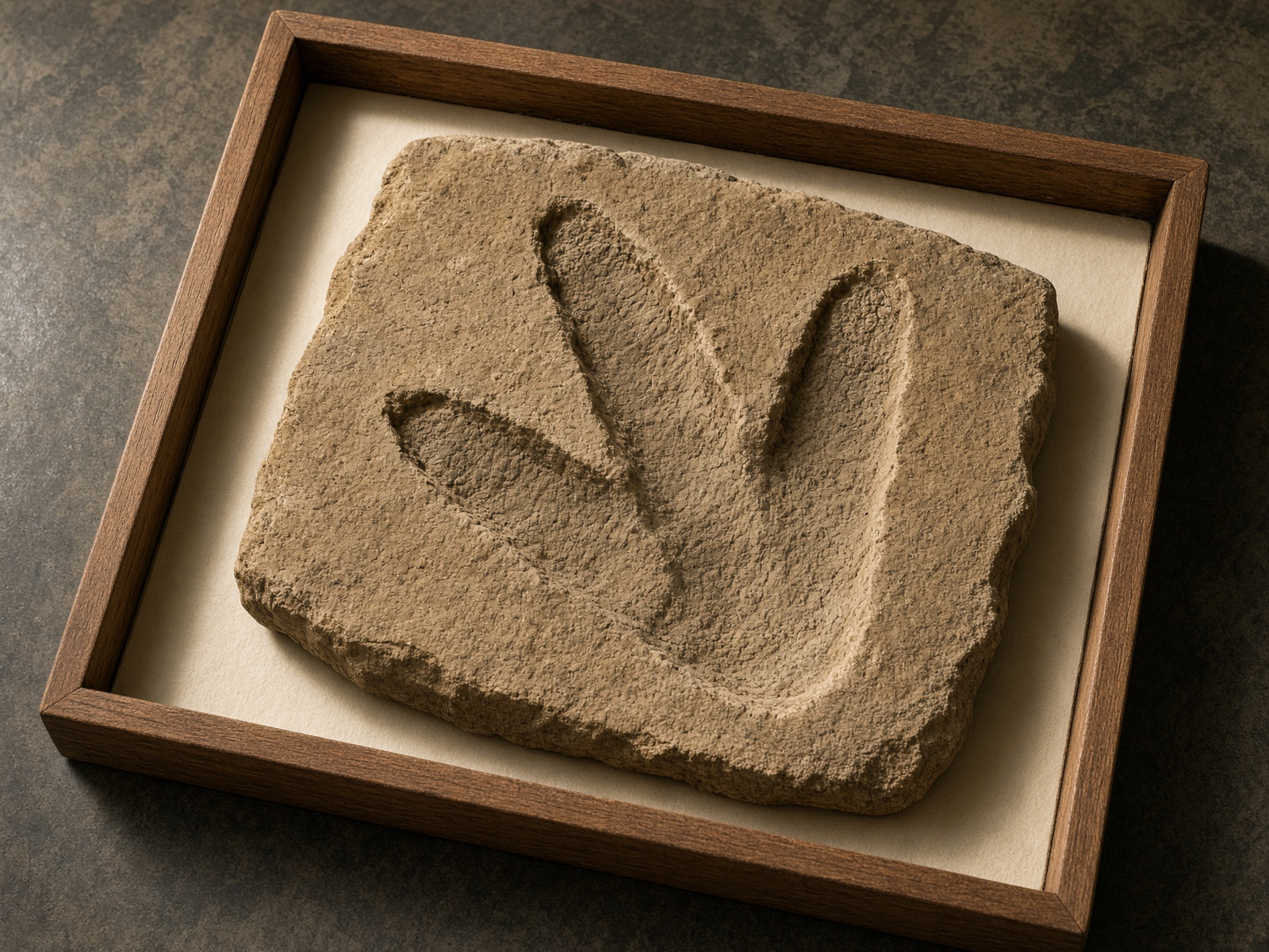 A three-toed dinosaur footprint preserved in sandstone in a museum drawer.