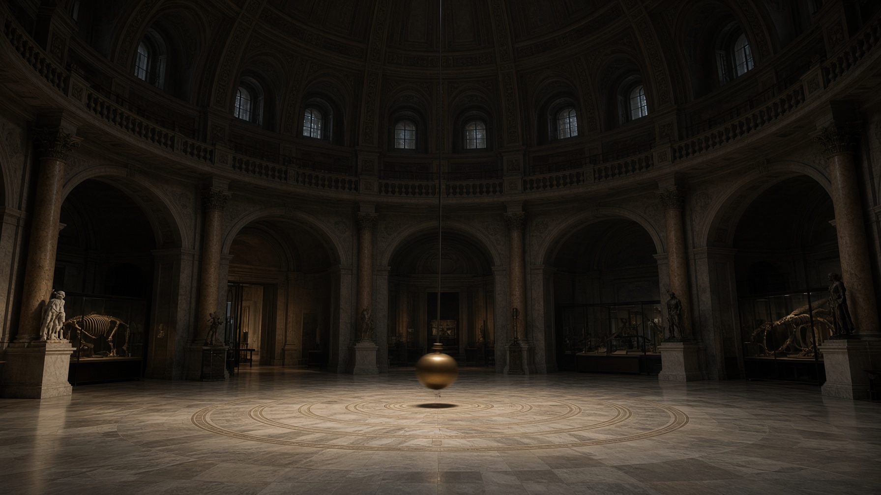 A Foucault pendulum hanging in a quiet museum hall.
